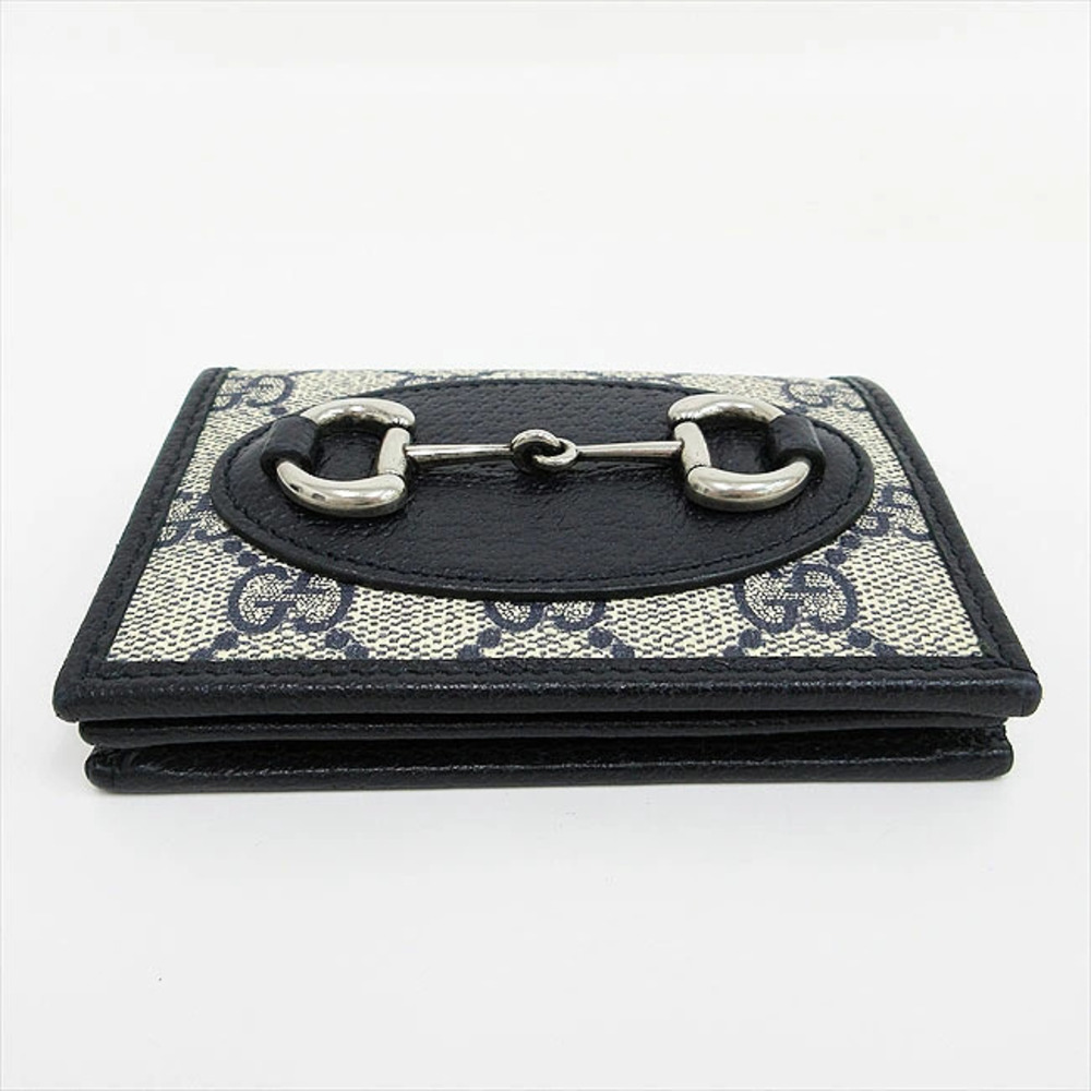 GUCCI GG Supreme Horsebit Bi fold Wallet Compact Navy Blue White Leather - Picture 3 of 9